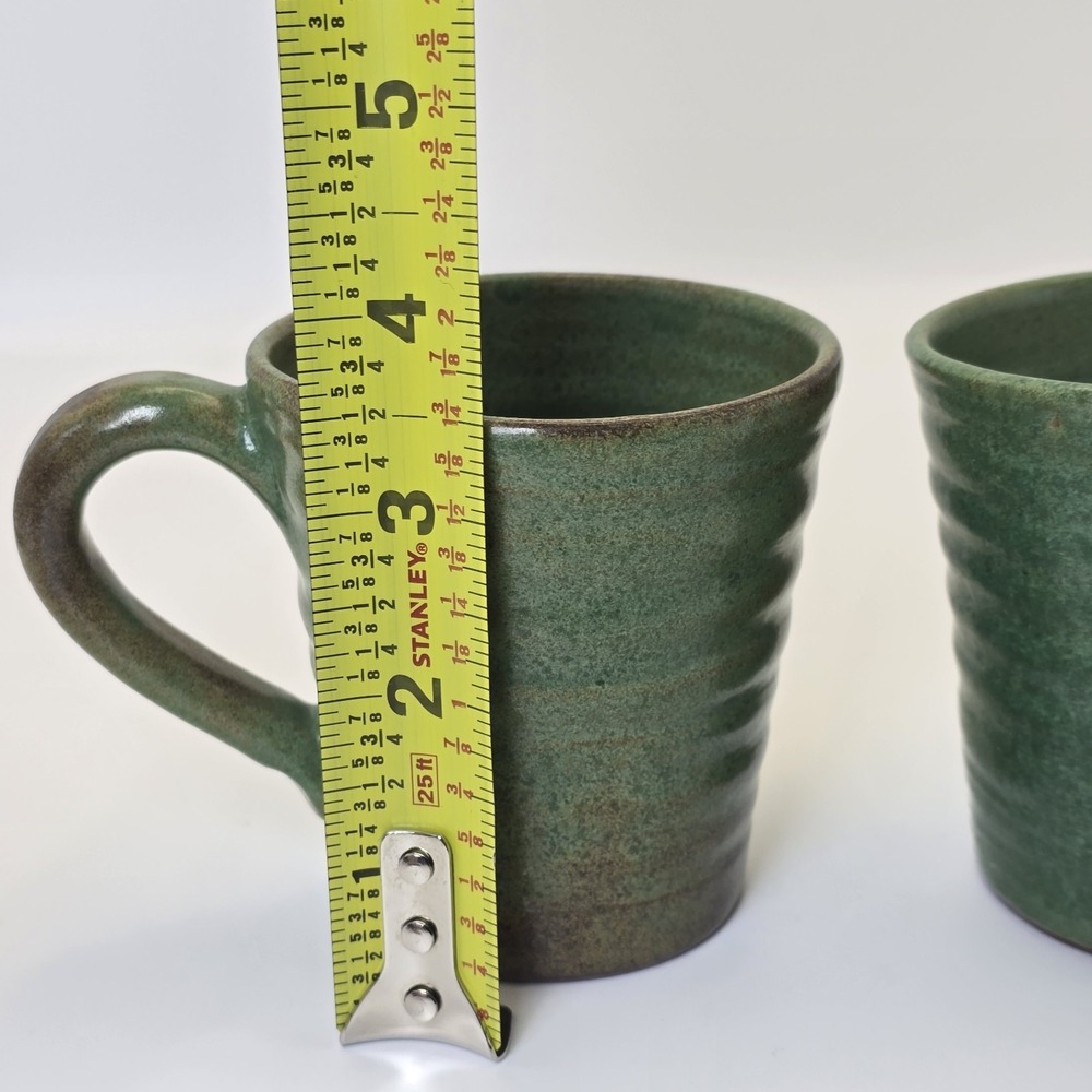 Rackliffe Pottery Blue Hill Maine Green Studio Pottery Mug Pair Signed - Picture 11 of 13
